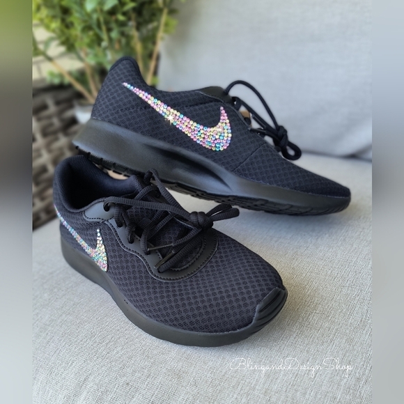 Womens Nike Black Tanjun Shoe Customized with Swarovski Crystal Rhinestones - Picture 6 of 9